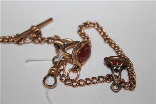 9ct gold watch Albert, set yellow metal fob seal, carnelian matrix & a smaller 9ct gold Albert, plated fob (2)